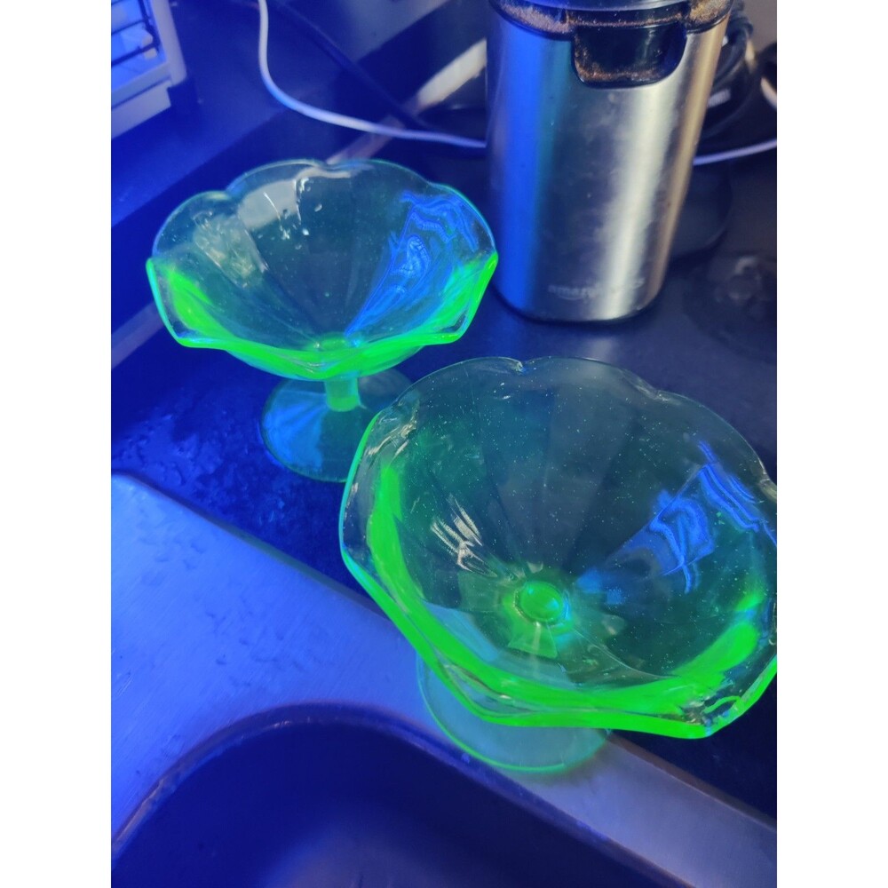 Set of 2 Green uranium glass sundae Bowls with Floral Design